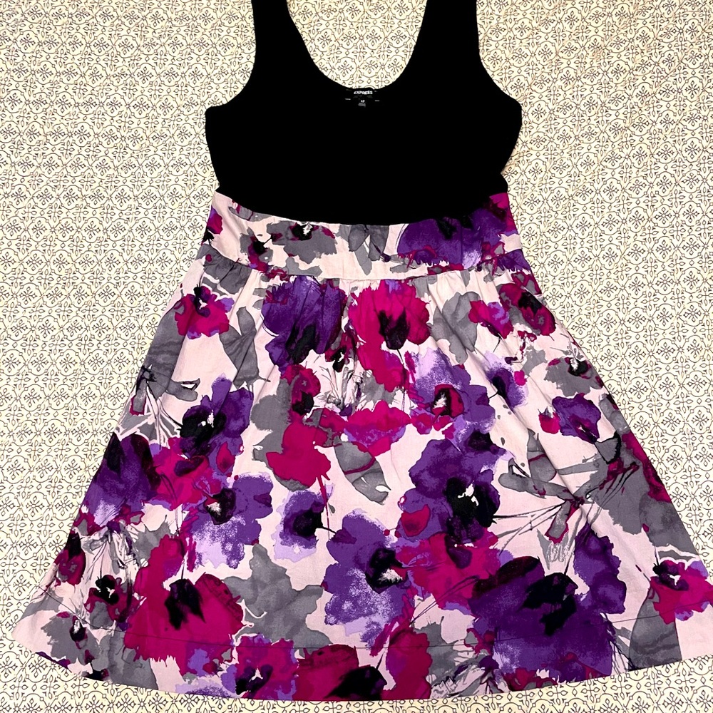 Black tank dress with pink, purple, gray print.